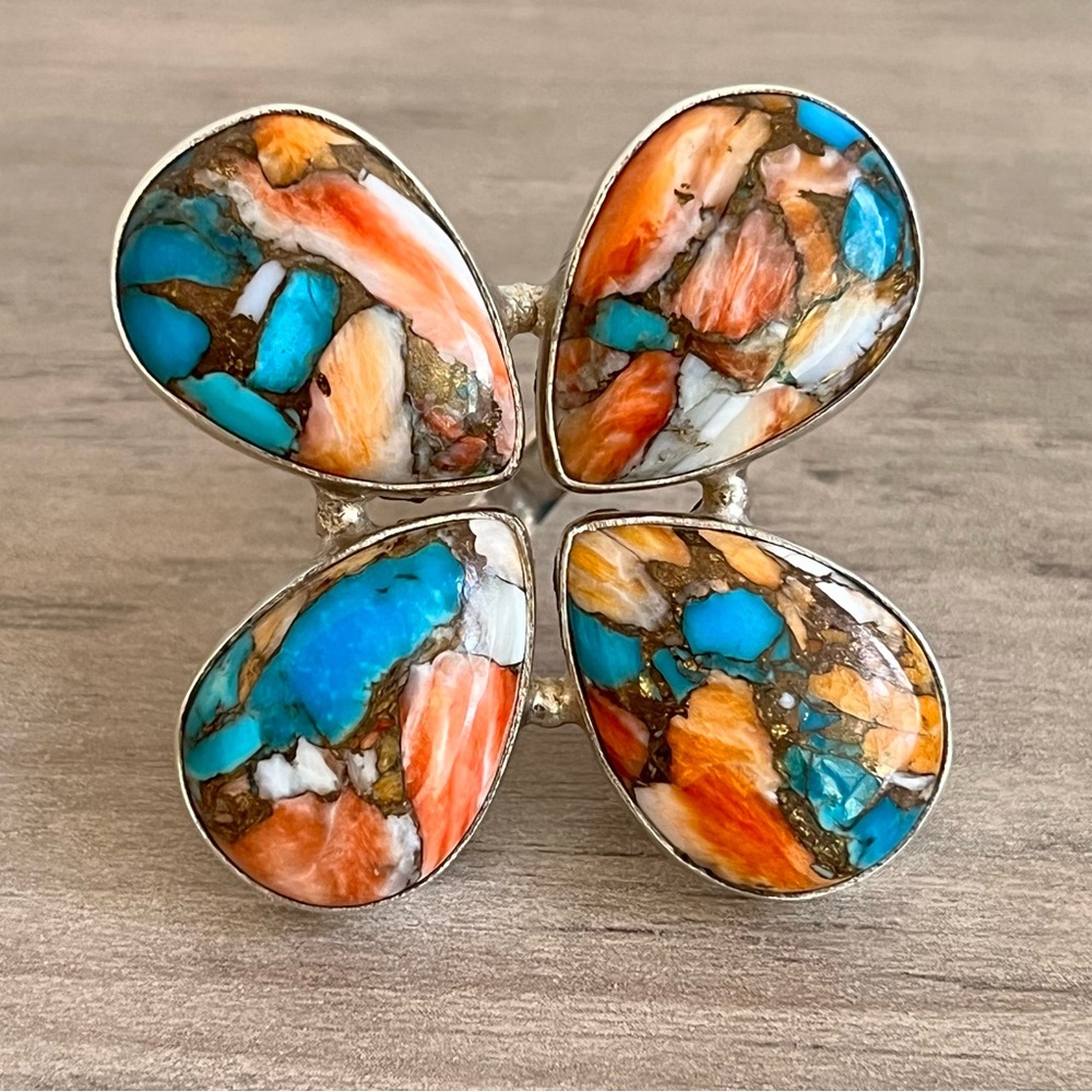 Stunning Spiny Oyster Turquoise Multi-Gemstone 925 Sterling Silver Ring